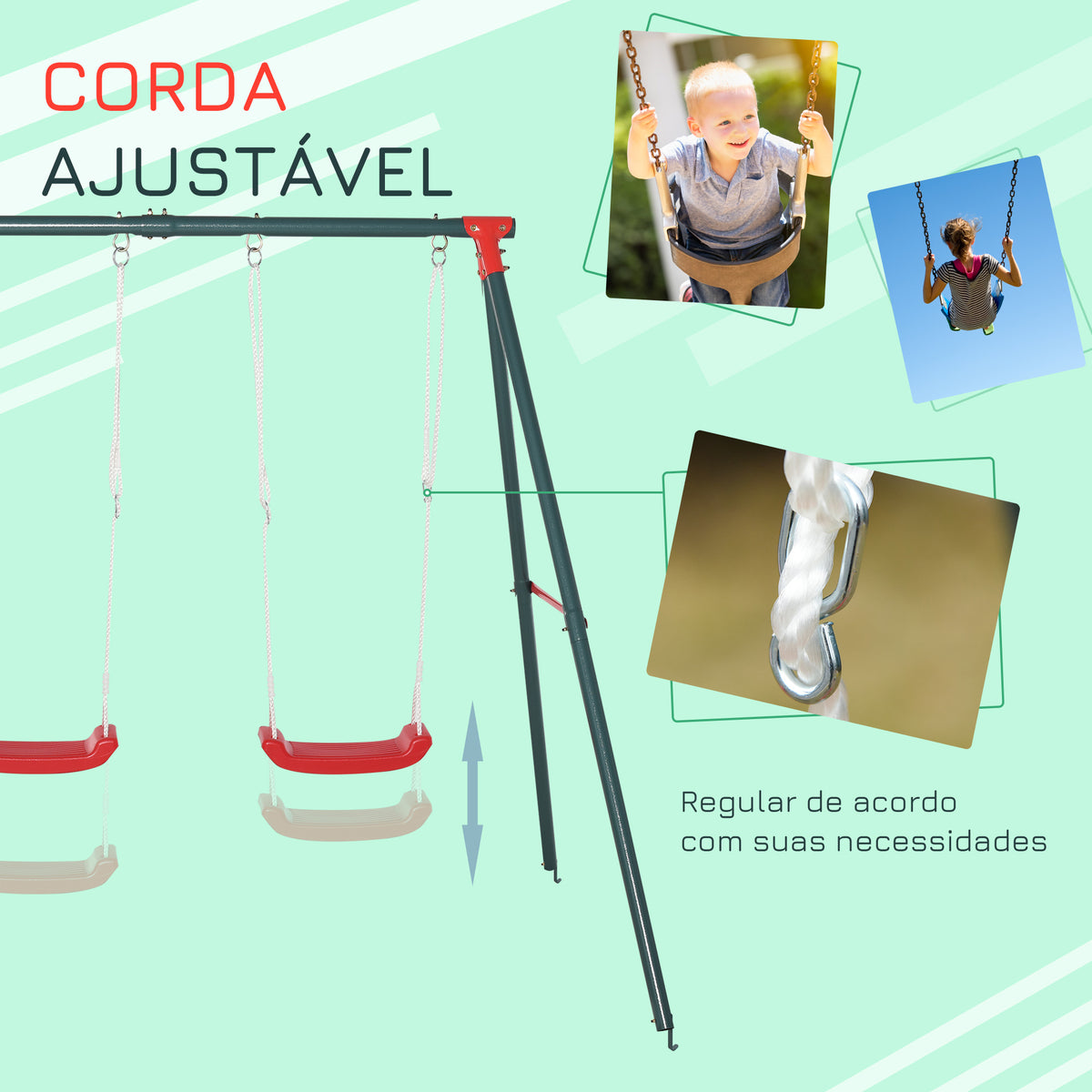 Conjunto de Baloiços para Crianças acima de 3 Anos com Suporte de Metal Baloiço Duplo com Corda Ajustável para Exterior Carga Máx. 40kg 220x160x180 cm Verde e Vermelho — foto 5
