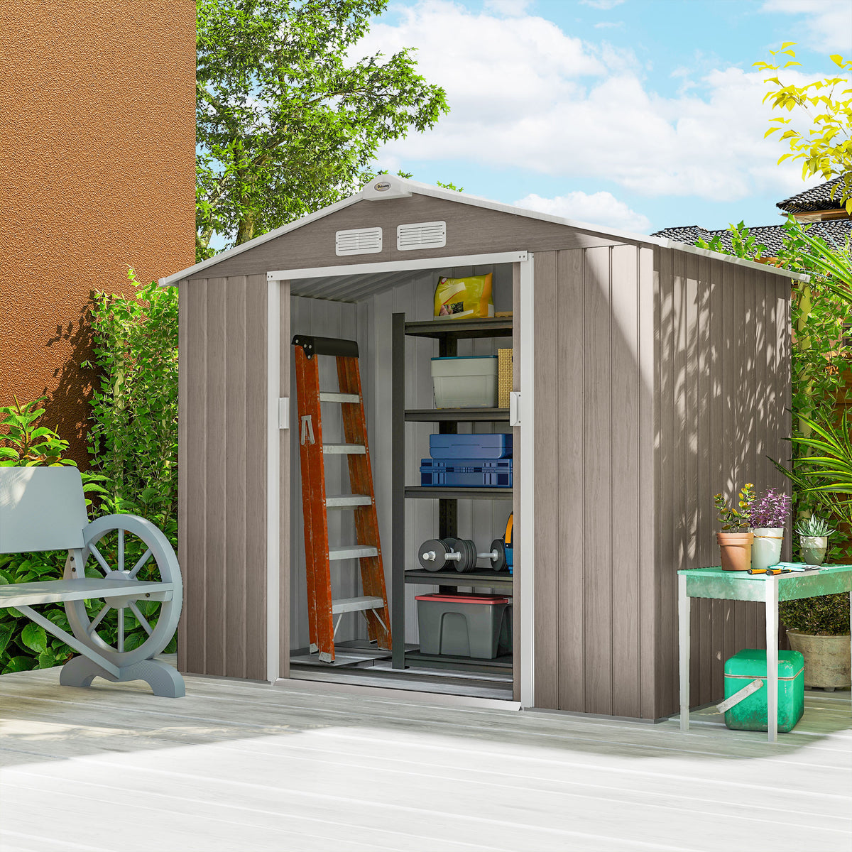 Abrigo de Jardim 213x130x185 cm Abrigo de Jardim Metálico de Exterior para Armazenamento de Ferramentas com 2 Portas Deslizantes e 4 Janelas para Terraço Madeira — foto 2