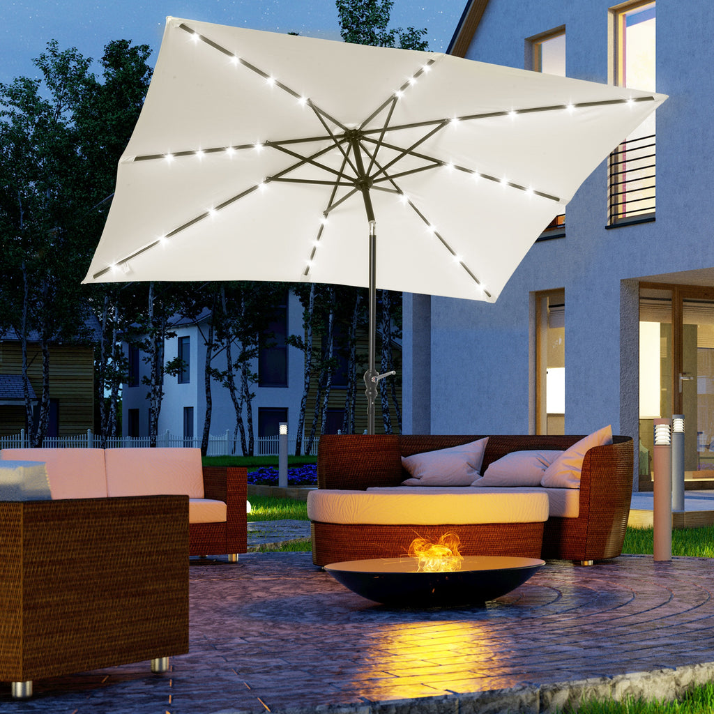 Chapéu de Sol com Luzes LED 268x205x248 cm Chapéu de Sol de Jardim Inclinável até 45° Anti-UV e Abertura a Manivela para Pátio Varanda Creme — foto 2