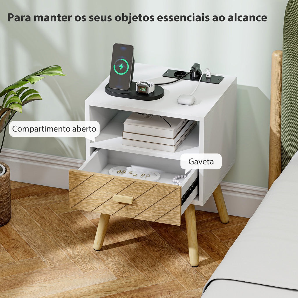 Mesa de Cabeceira com Estação de Carregamento Gaveta 2 Tomadas AC Porta USB e Tipo-C Compartimento Aberto Pernas de Madeira para Sala Quarto 40x35x54,7 cm Branco — foto 5