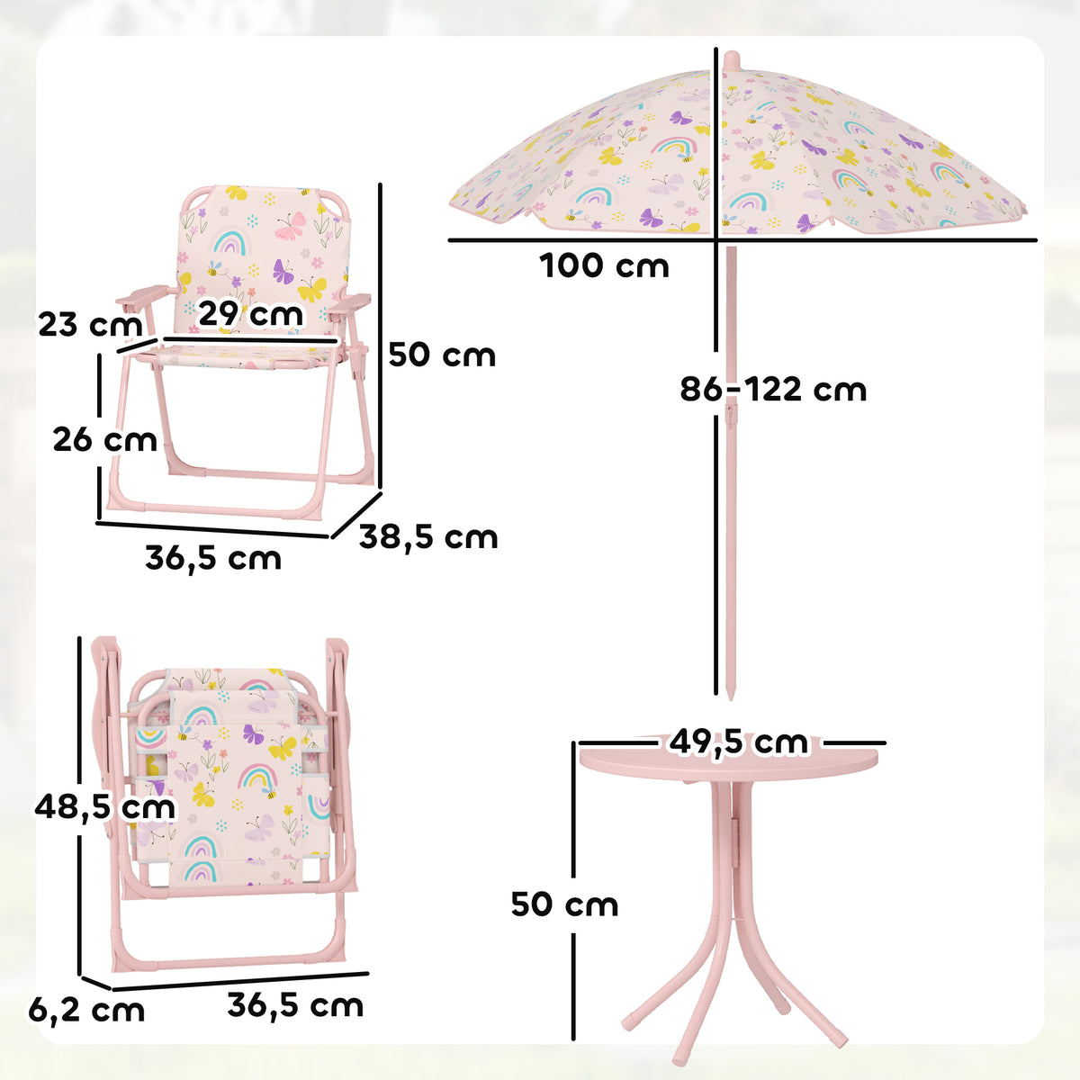 Conjunto de Mesa e Cadeiras para Crianças de Jardim Mesa Infantil com Cadeiras Dobráveis Chapéu de Sol Ajustável e Desenho de Borboletas para Pátio Piquenique Verde — foto 3