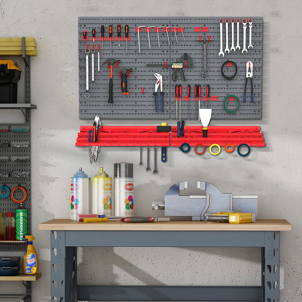 Estante de Parede com Sistema de Armazenamento 95,5x23x53,5cm Suporte para Ferramentas com 54 Peças 50 Ganchos para Oficina Garagens Vermelho e Cinza — foto 2