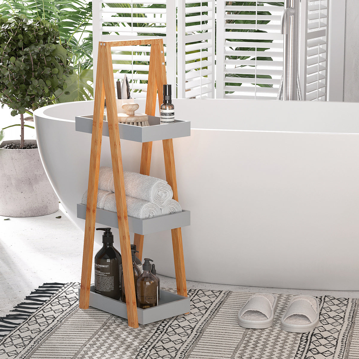 Estante de Bambú para Casa de Banho com 3 Prateleiras de Armazenamento Móvel Organizador para Cozinha Sala de Estar Lavanderia 30x18x81cm Madeira e Cinza — foto 2