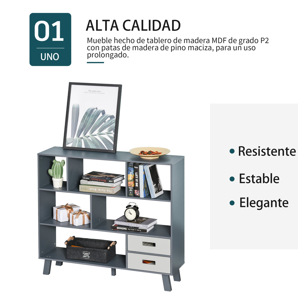 Estante com 6 Compartimentos e 2 Gavetas Gabinete Auxiliar com Pernas para Decorações de Livros Fotos 105x30x96 cm Azul e Cinza — foto 4