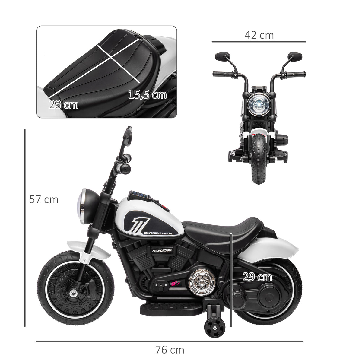 Motocicleta Elétrica para Crianças de 18-36 Meses Motocicleta Elétrica Infantil com Bateria 6v Farol e Rodas Auxiliares Removíveis Carga 25 kg 76x42x57 cm Branca — foto 3