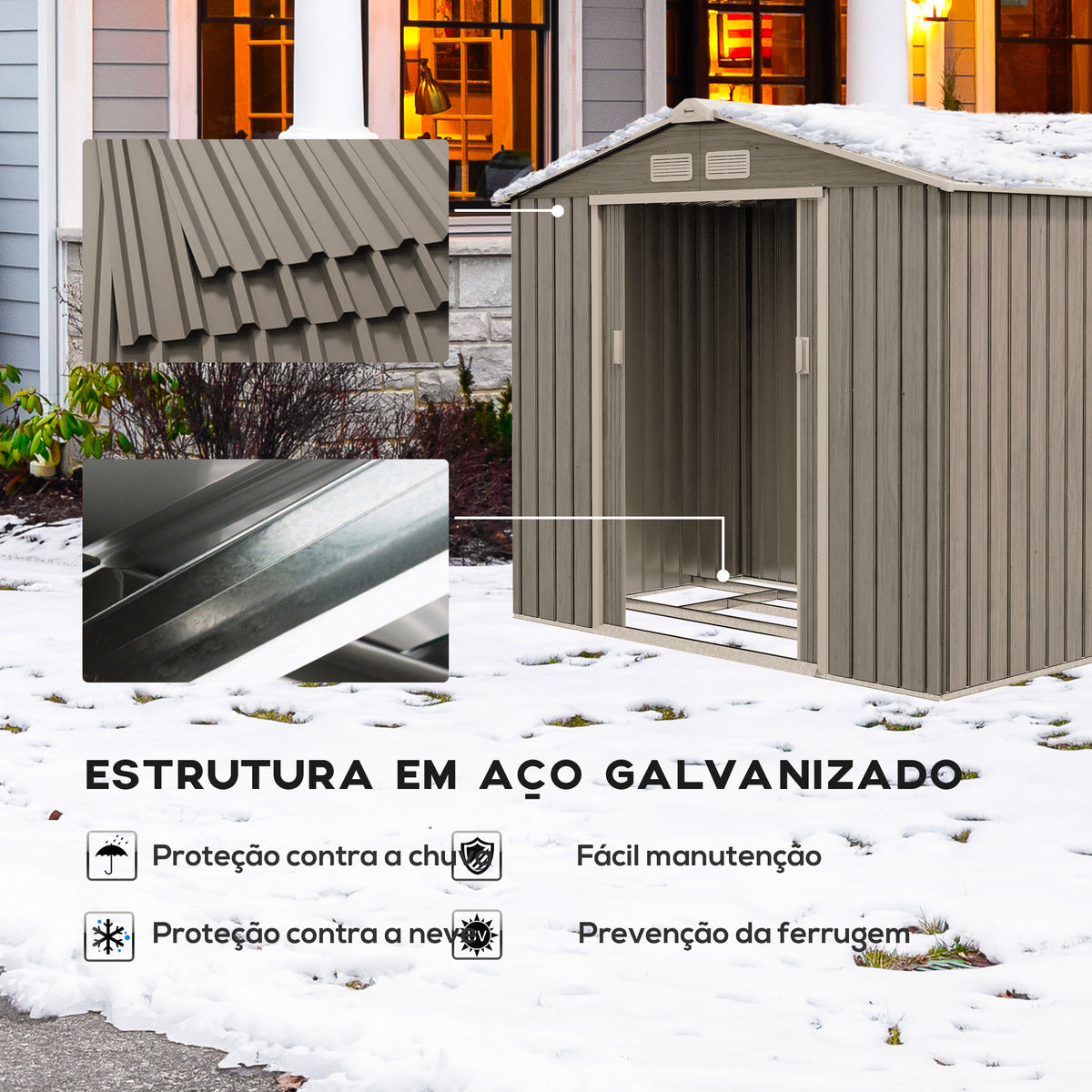 Abrigo de Jardim 213x130x185 cm Abrigo de Jardim Metálico de Exterior para Armazenamento de Ferramentas com 2 Portas Deslizantes e 4 Janelas para Terraço Madeira — foto 4