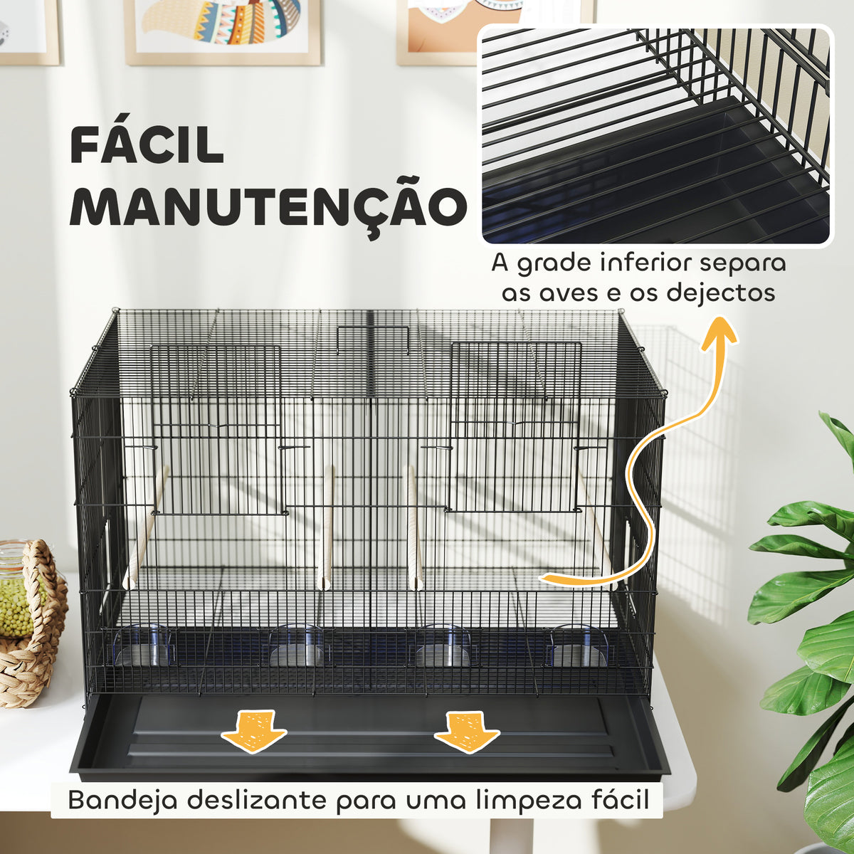 Gaiola para Pássaros com Divisória Gaiola para Aves com 4 Comedouros 4 Poleiros e Bandeja Amovível Gaiola para Canários Periquitos 76x46x46 cm Preto — foto 7