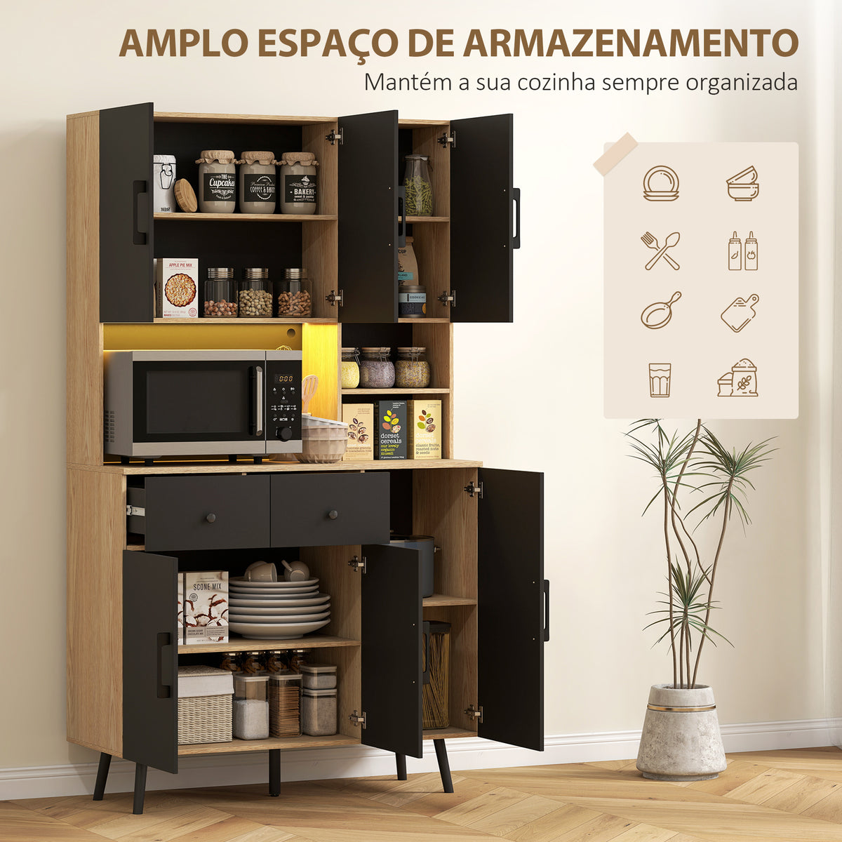 Armário de Cozinha Alto com Luzes LED RGB Móvel Auxiliar de Cozinha com 6 Portas 2 Gavetas Bancada e Orifício para Cabos Estilo Moderno 100x40x176 cm Preto e Madeira — foto 5