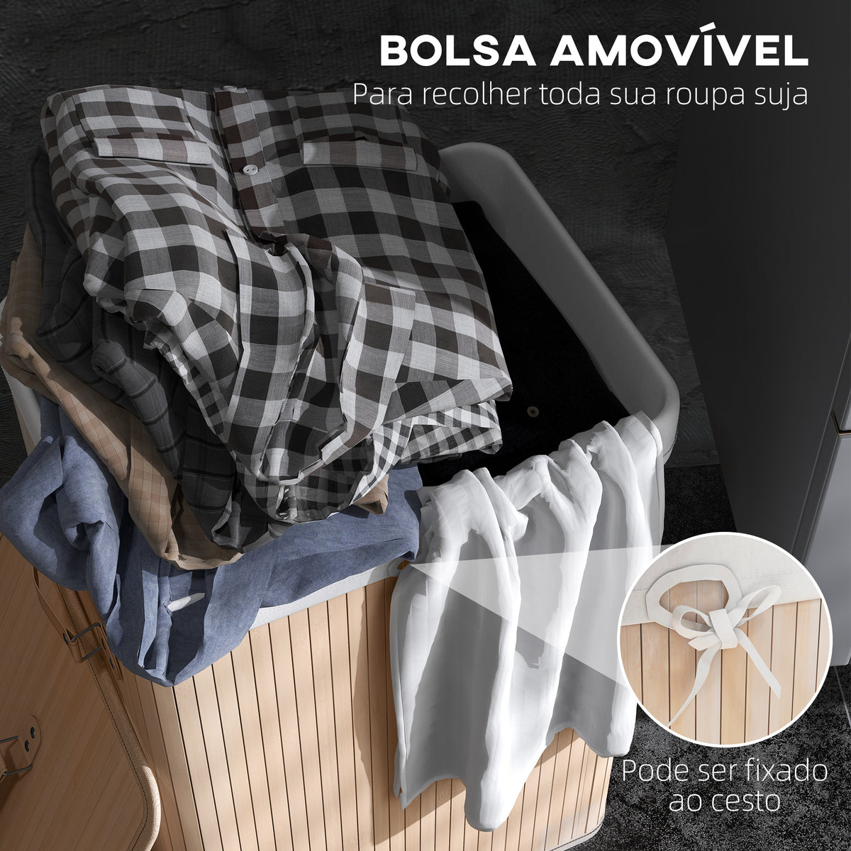Cesto de Roupa de Bambu Dobrável Cesto para Roupa Suja com Tampa e Bolsa Amovível para Lavandaria Casa de Banho 40x30x60 cm Bambu — foto 5
