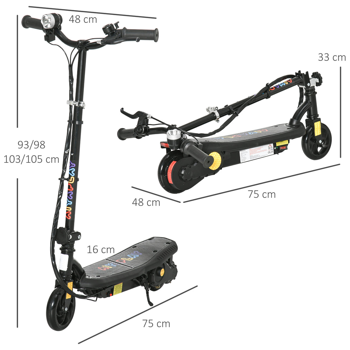 Trotinete Elétrica para Crianças de 7-14 Anos Dobrável Trotinete Elétrica Velocidade Máx. 12 km/h Motor 120 W Autonomia Máxima 10 km com Guiador Ajustável em Altura Farol LED e Travão 75x48x93-105 cm Preto — foto 3