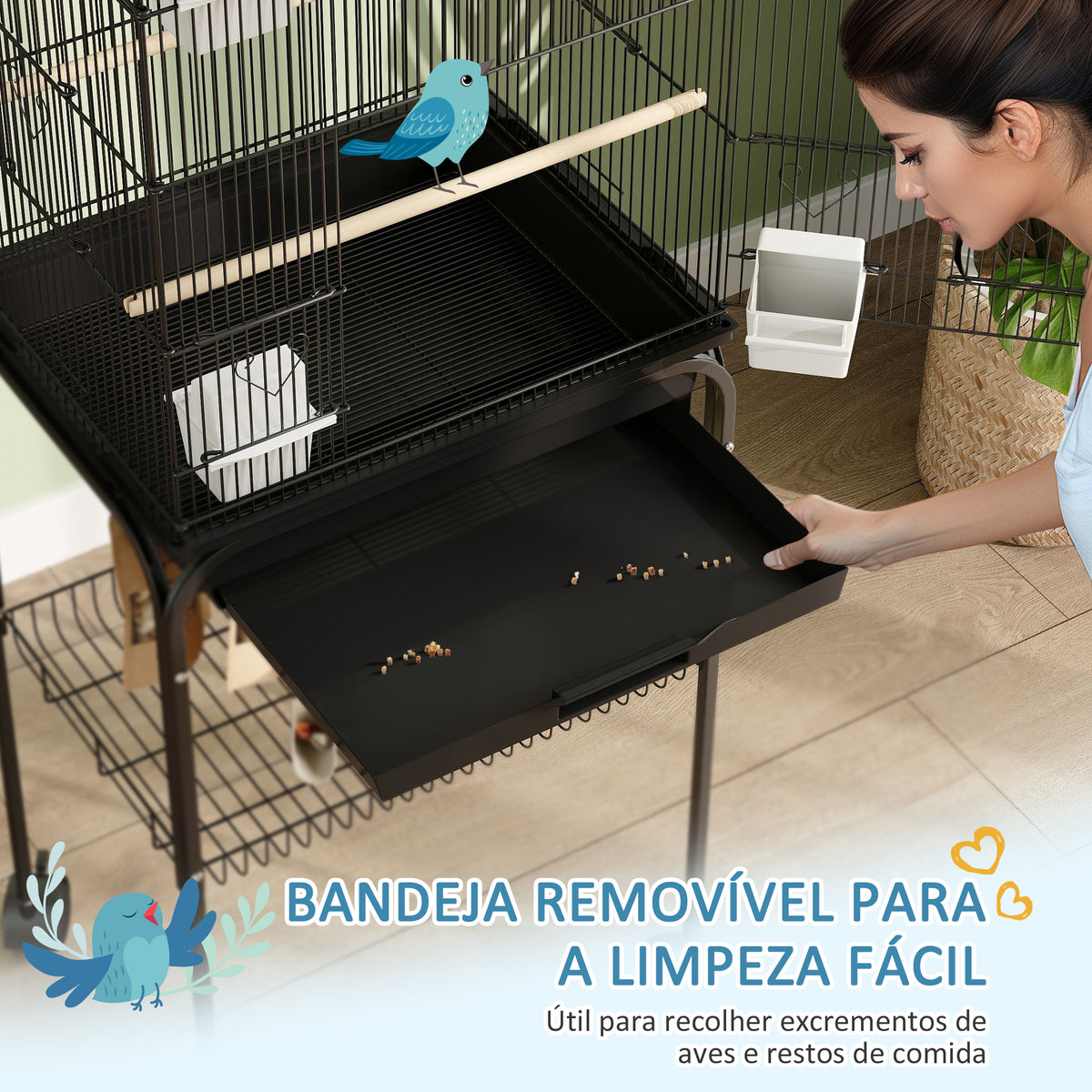 Gaiola de Metal para Pássaros com Bandeja Amovível e Rodas Gaiola para Canários com 4 Comedouros 3 Poleiros e 1 Baloiço para Periquitos 50,5x41x163 cm Preto — foto 5