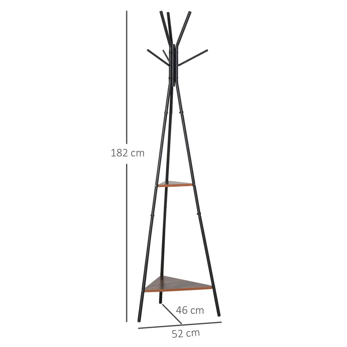Cabide de Pé Metálico com 6 Ganchos e Prateleiras Cabide de Pé em Forma de Árvore para Dormitório Cabide de Pé para Pendurar Roupas Bolsas Chapéus 46x52x182 cm Preto e Madeira — foto 3