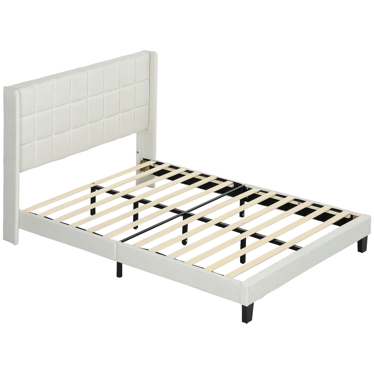 Cama 135x190 cm Estrutura de Cama com Cabeceira Estofada em Linho e Espaço de Armazenamento Debaixo da Cama Carga 300 kg Bege — foto 1