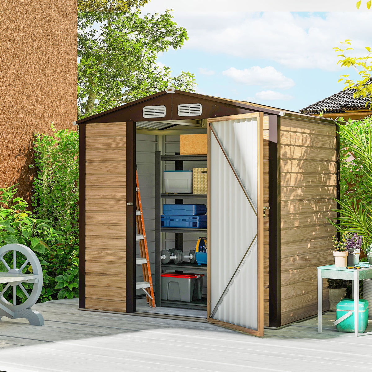 Casota de Jardim Exterior, 2,27 m² 190x131x188 cm, Abrigo Metálico de Jardim com 2 Ventilações, Porta com Fechadura, para Armazenamento de Ferramentas, Carvalho — foto 2