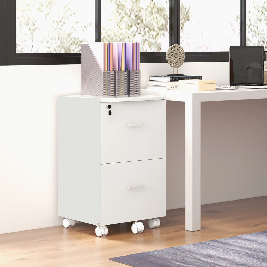 Bloco de Gavetas de Escritório Móvel Auxiliar para Arquivos com 2 Gavetas Fechadura 2 Chaves 5 Rodas e 2 Freios para Estúdio Escritório Dormitório 43x45x72cm Branco — foto 2