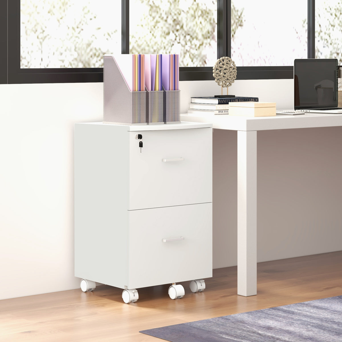 Bloco de Gavetas de Escritório Móvel Auxiliar para Arquivos com 2 Gavetas Fechadura 2 Chaves 5 Rodas e 2 Freios para Estúdio Escritório Dormitório 43x45x72cm Branco — foto 2