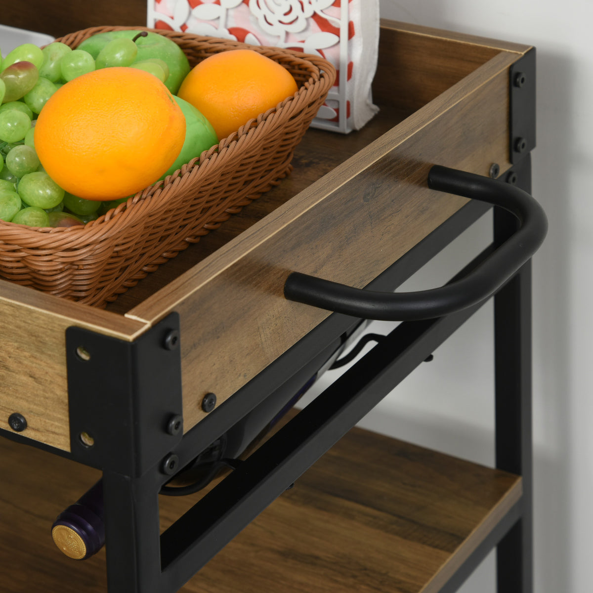 Carrinho de cozinha Carrinho de serviço móvel multifuncional com 3 prateleiras Suporte para copos e toalheiros da bandeja porta-copos para sala de jantar 77x44,5x91 cm Madeira rústica — foto 8