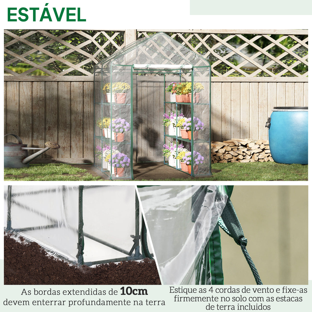Estufa Transparente de Jardim Estufa de Plantas de 3 Níveis com Prateleiras Estrutura de Aço 143x143x195cm Transparente e Verde — foto 5