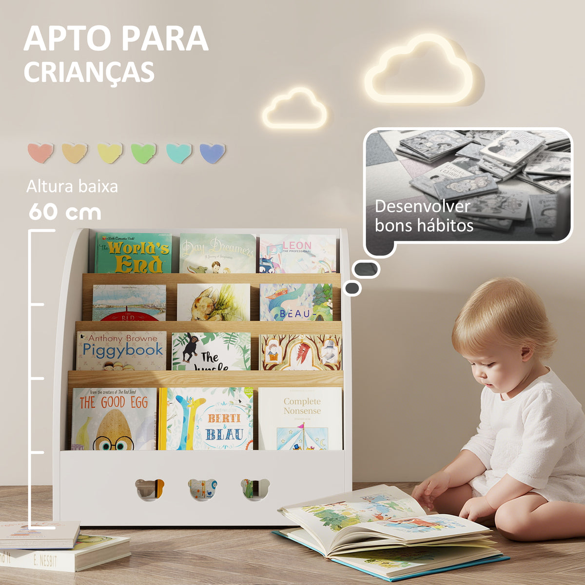 Estante Infantil para Brinquedos Organizador de Brinquedos de 4 Níveis com Compartimento Oculto para Quarto Infantil Sala de Jogos Creche 60x53x60 cm Branco e Madeira — foto 4