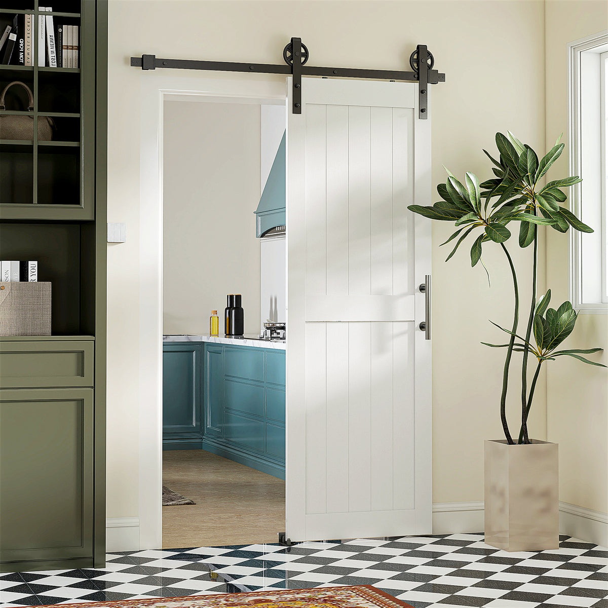 Porta de Correr Celeiro com Ferragens Porta Corredera de Interior com Puxador Rolo e Guia de Chão para Casa de Banho Sala de Estar 71,5x213,4 cm Branco — foto 1