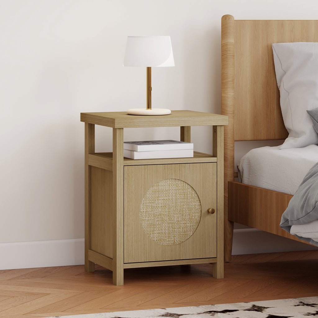 Mesa de Cabeceira com Porta de Vime Mesa de Cabeceira com Prateleira Aberta e Compartimento Móvel Auxiliar para Quarto Sala 40x35x55 cm Madeira — foto 2