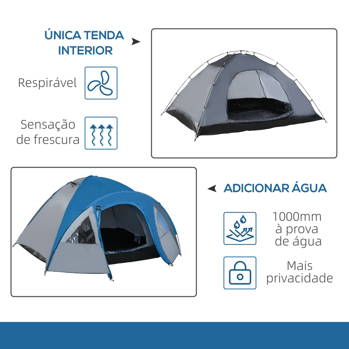Tenda de Campismo para 2-3 Pessoas Tenda de Campismo com Janelas 2 Bolsos e Bolsa de Transporte 300x250x130 cm Cinza e Azul — foto 4