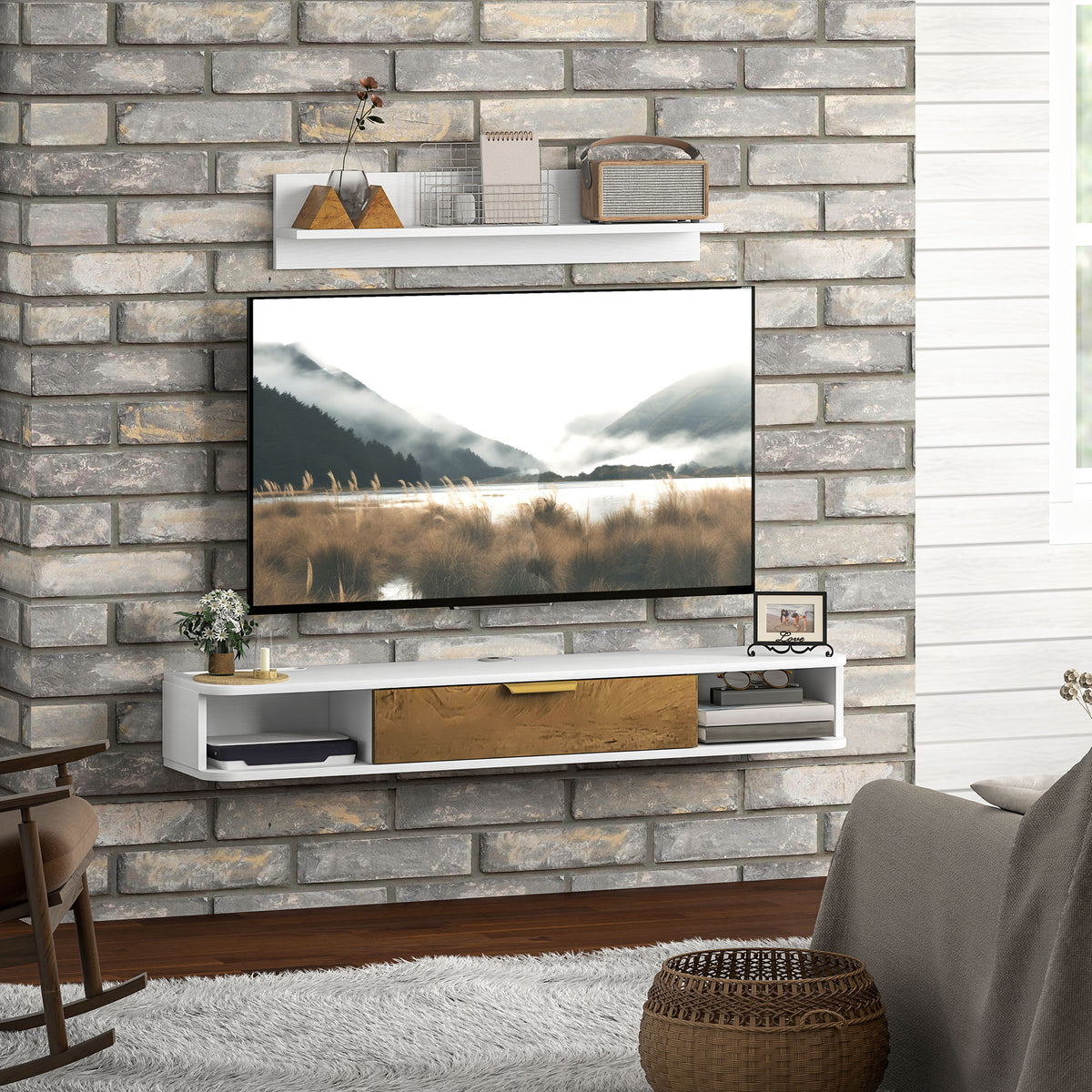Conjunto de Móveis de Sala, Móvel de TV com Prateleira de Parede, Porta, Prateleiras Abertas, Orifícios para Cabos, para Televisão de Parede, 120x24x16 cm, Branco — foto 7