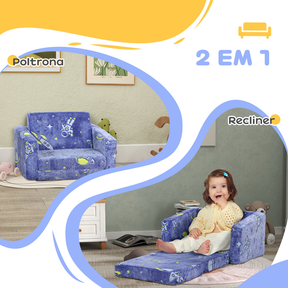 Poltrona para Crianças Dobrável Sofá Infantil Reclinável 2 em 1 Sofá para Crianças Estofado em Tecido Luminoso com Desenho Espacial e Capa Lavável para Dormitório Sala de Estar Azul — foto 5