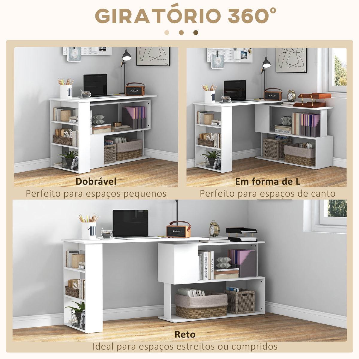 Secretária para Computador Mesa de Canto Rotação 360° Multiformes para Casa, Escola e Escritório 5 Prateleiras Estante Branca — foto 5
