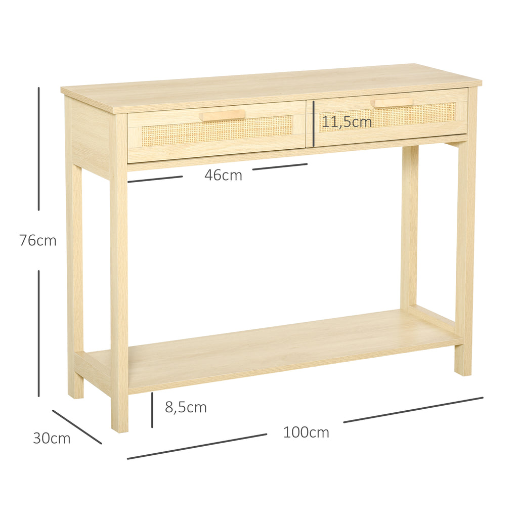Mesa de console em malha Mesa de entrada com 2 gavetas e prateleira inferior para o corredor Quarto sala de estar Estilo rústico 100x30x76 cm Natural — foto 3