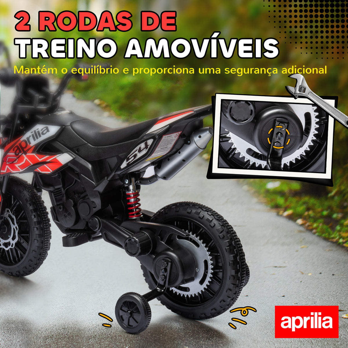 Mota Elétrica Infantil com Licença Oficial Aprilia 12V 25W Rodas de Apoio Removíveis Farol Música Porta USB e Amortecedor Traseiro Vermelho — foto 5