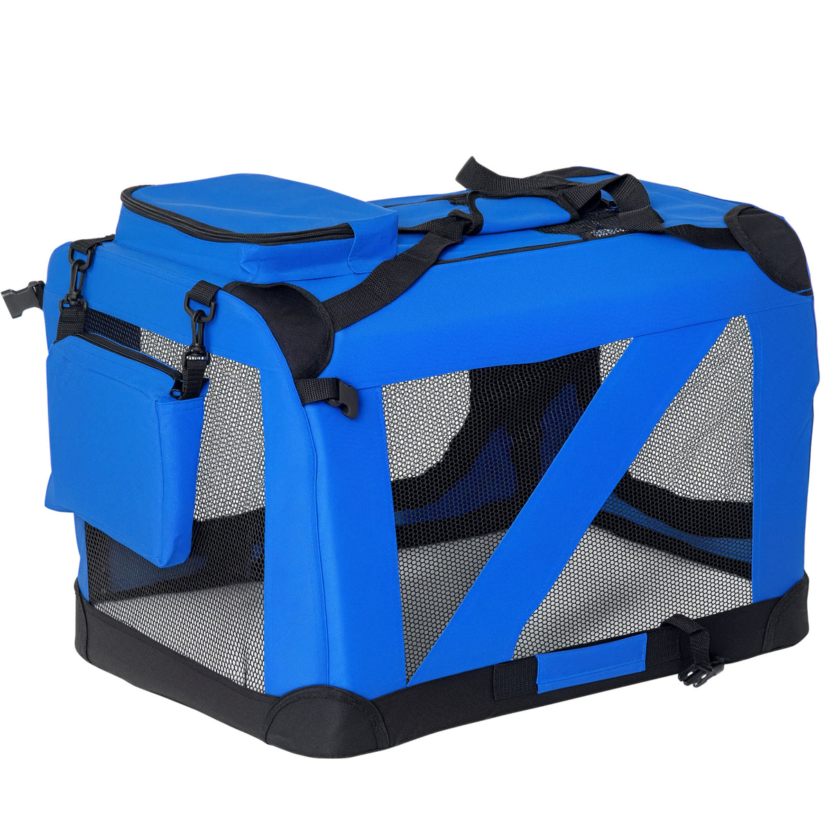 Transportadora para Cães e Gatos Bolsa de Transporte Respirável para Animais de Estimação Dobrável com Almofada Janela de Malha e 2 Bolsos 60x42x42 cm Azul — foto 1