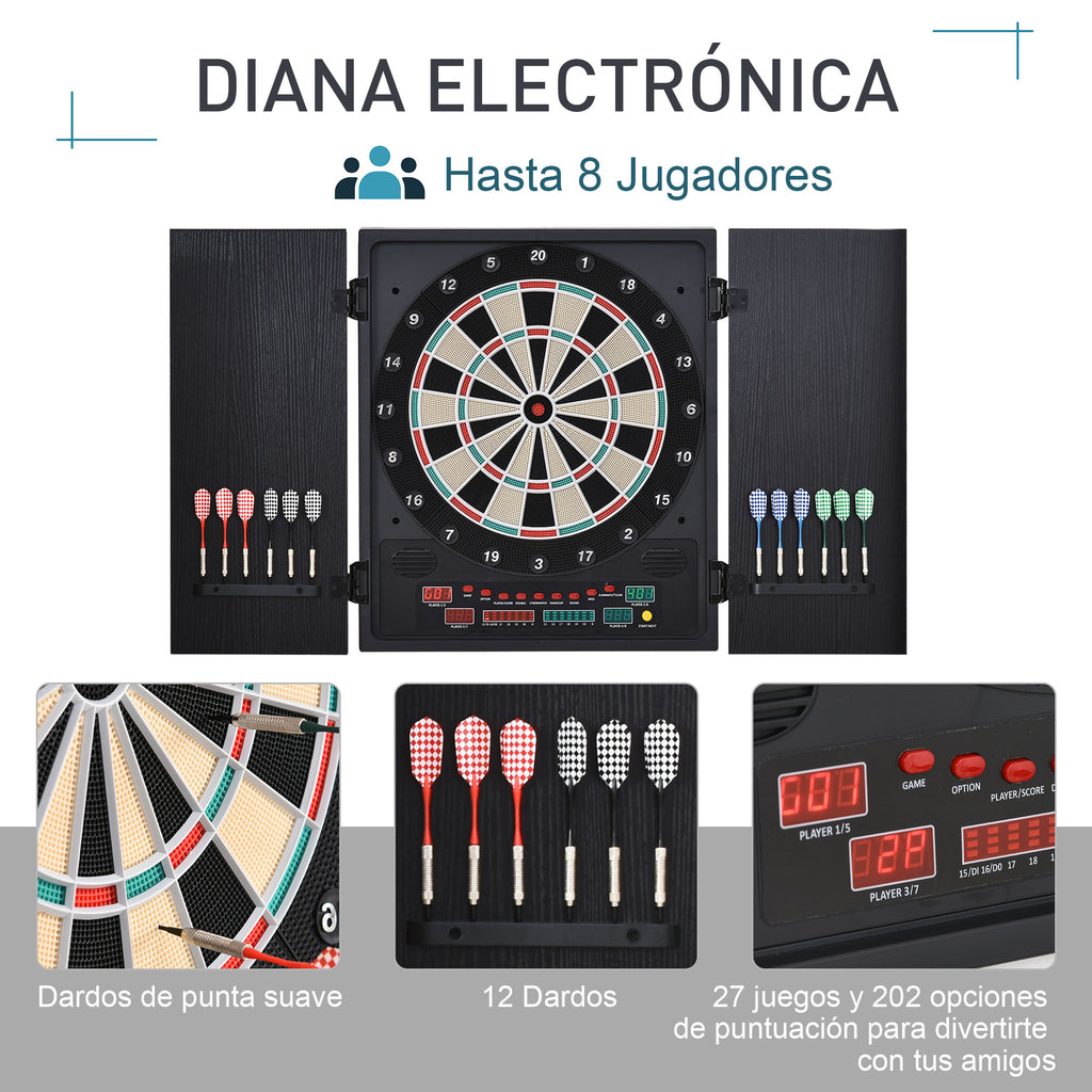 Alvo eletrônico digital para até 8 jogadores com 12 dardos e 30 pontas com portas de tela de LED 27 jogos diferentes 51x6,5x57 cm Preto — foto 6