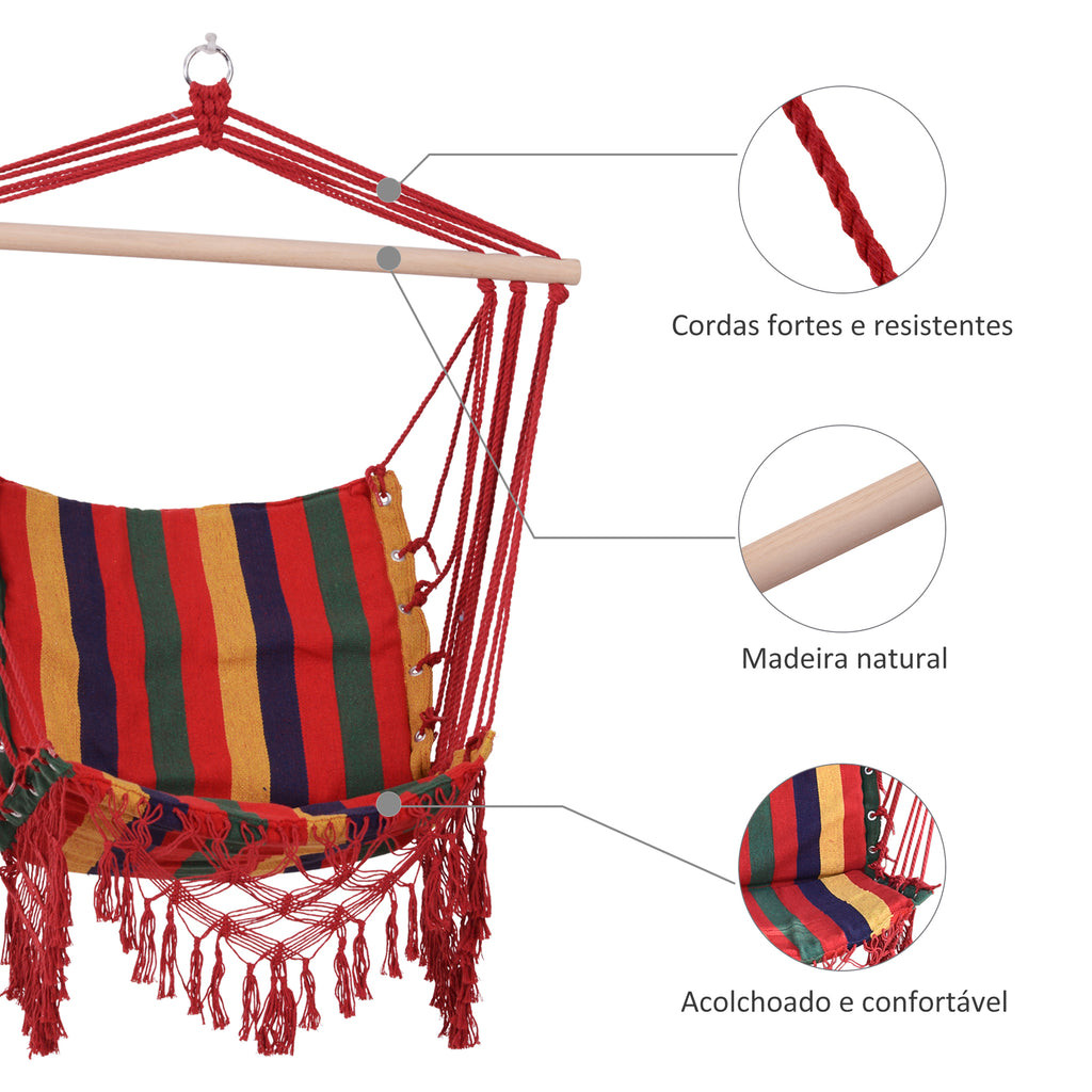 Cadeira de rede suspensa de tecido de algodão poliéster Carga de 120 kg Poltrona suspensa para terraço interno ao ar livre 100x60x100 cm Multicolor — foto 7