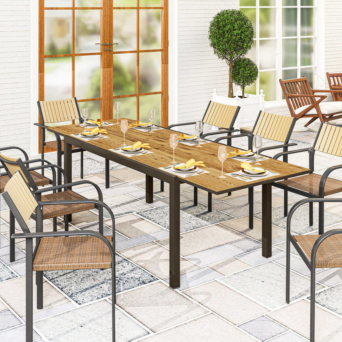 Mesa de Jardim Extensível Mesa de Jantar Exterior Ajustável 160-240 cm com Bordo de Alumínio Carga 70 kg Mesa Retangular para 6-8 Pessoas para Pátio Varanda Marrom — foto 2
