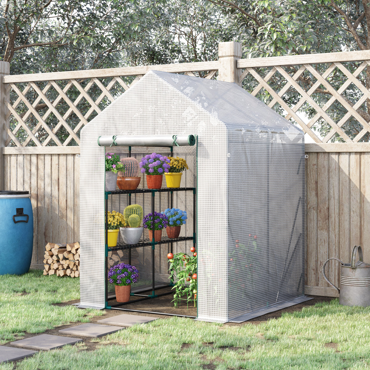 Estufa de Jardim 143x143x195 cm Estufa de Aço com 2 Prateleiras e Porta Enrolável para Cultivos de Plantas Vasos de Flores Pátio Exterior Branco — foto 2
