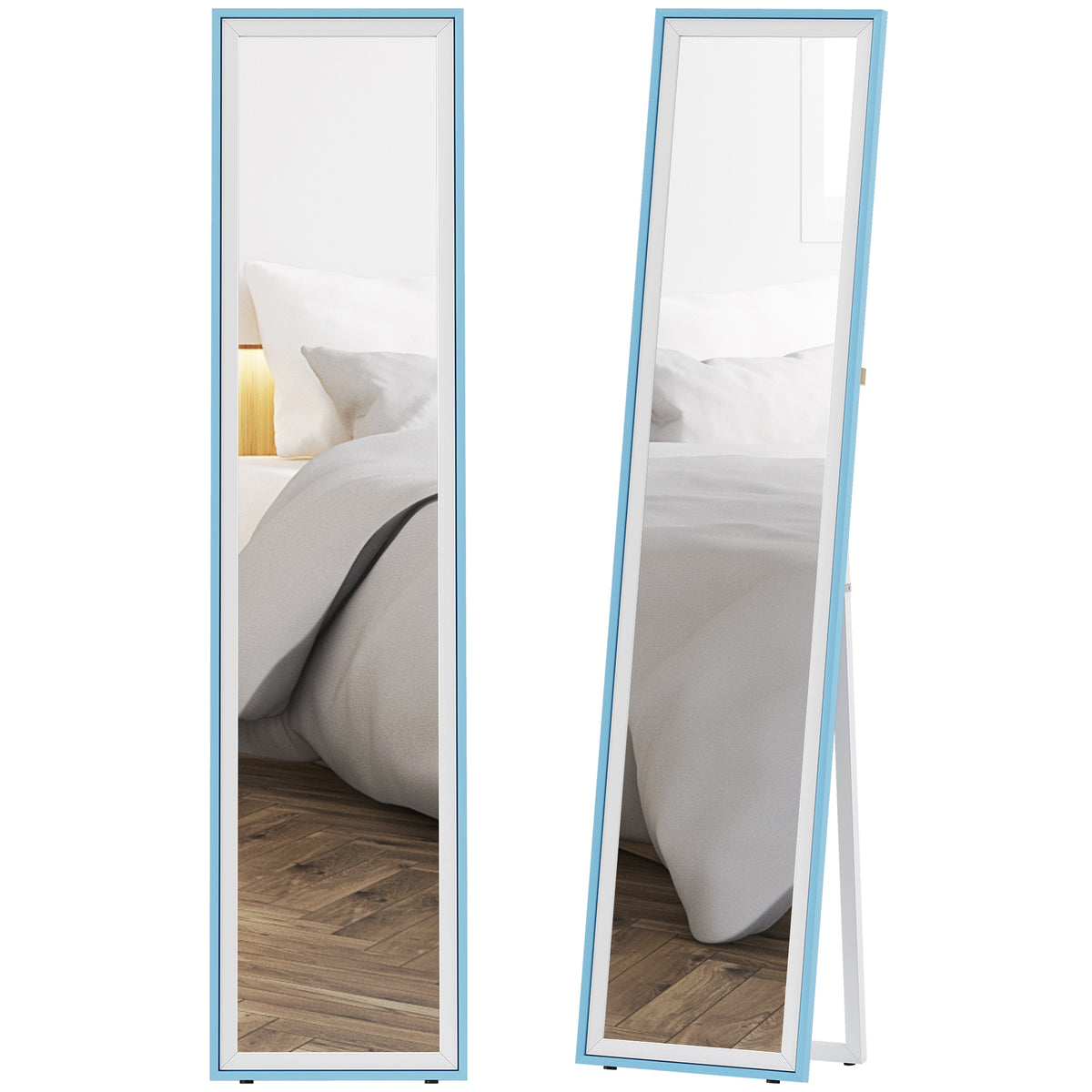 Espelho de Pé 157x37 cm com Moldura em MDF Espelho de Parede Retangular para Pendurar com Suporte 2 Formas de Utilização para Sala de Estar Entrada e Quarto Branco e Azul — foto 1