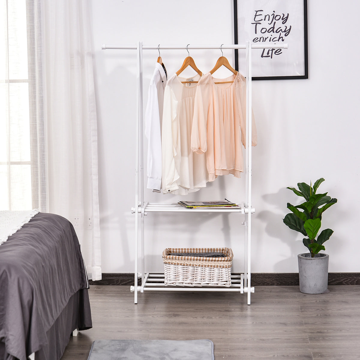 Suporte para Cabide Dobrável Suporte para Cabide com 2 Prateleiras e 1 Barras para Pendurar Roupas para Sala Quarto Entrada 107,5x45x150 cm Branco — foto 2