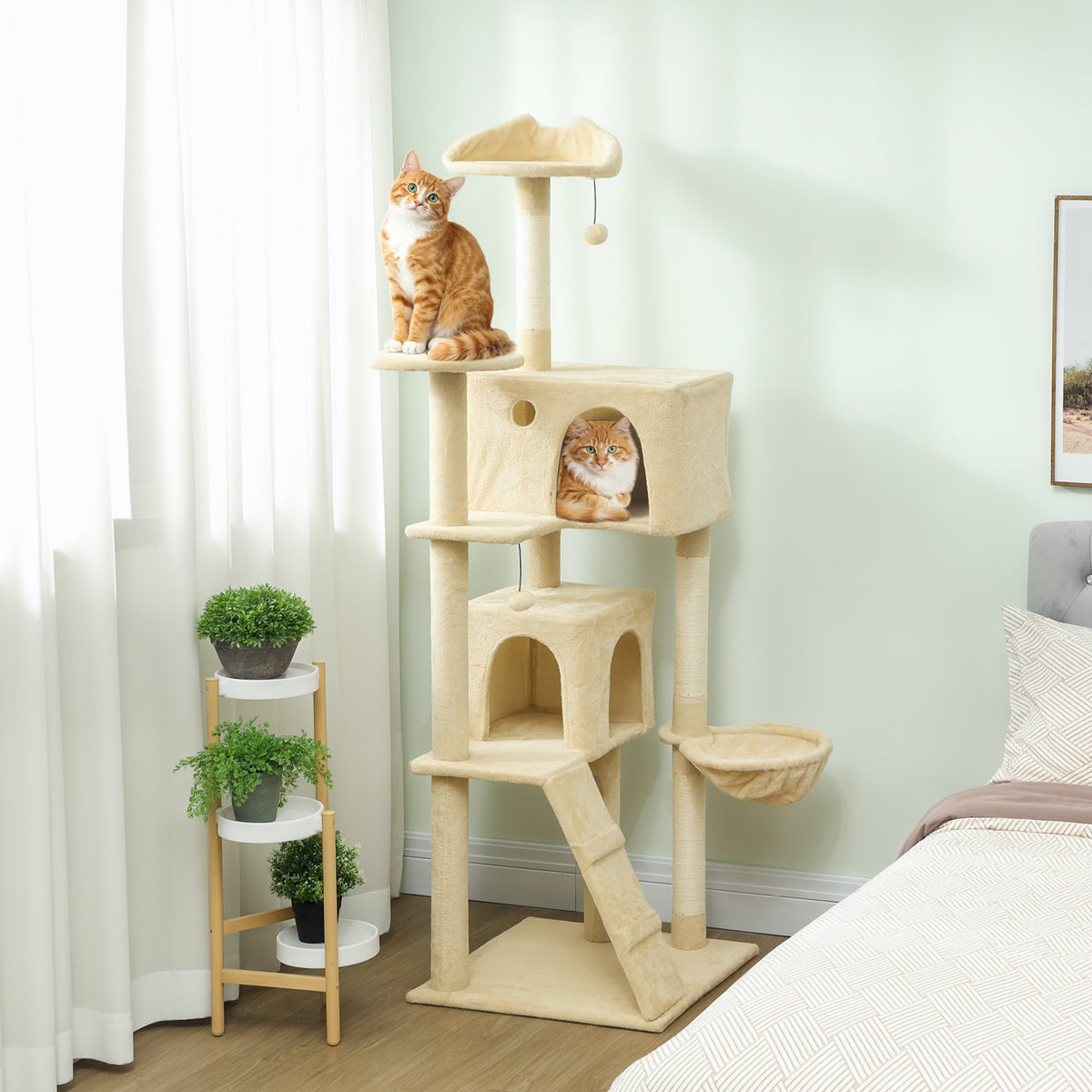 Arranhador para Gatos 180 cm Torre de Escalada com Múltiplas Plataformas Cama 2 Cavernas Rede Escada Postes de Sisal Bolas para Brincar Bege — foto 2