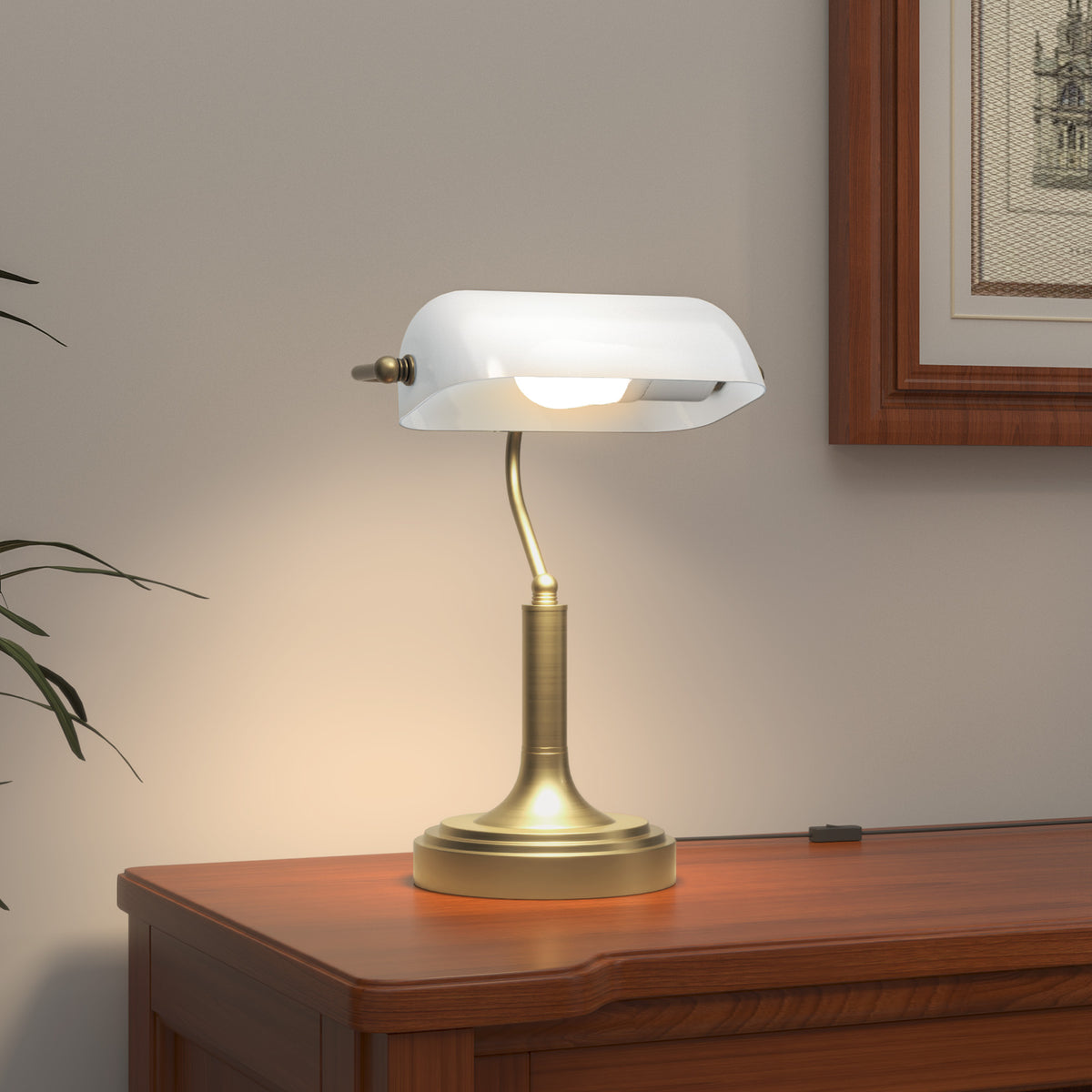 Candeeiro de Mesa Banqueiro Candeeiro de Mesa Vintage E27 com Ecrã Orientável a 45° Interruptor Basculante para Casa Escritório Biblioteca 26,8x22x39,5 cm Branco — foto 2