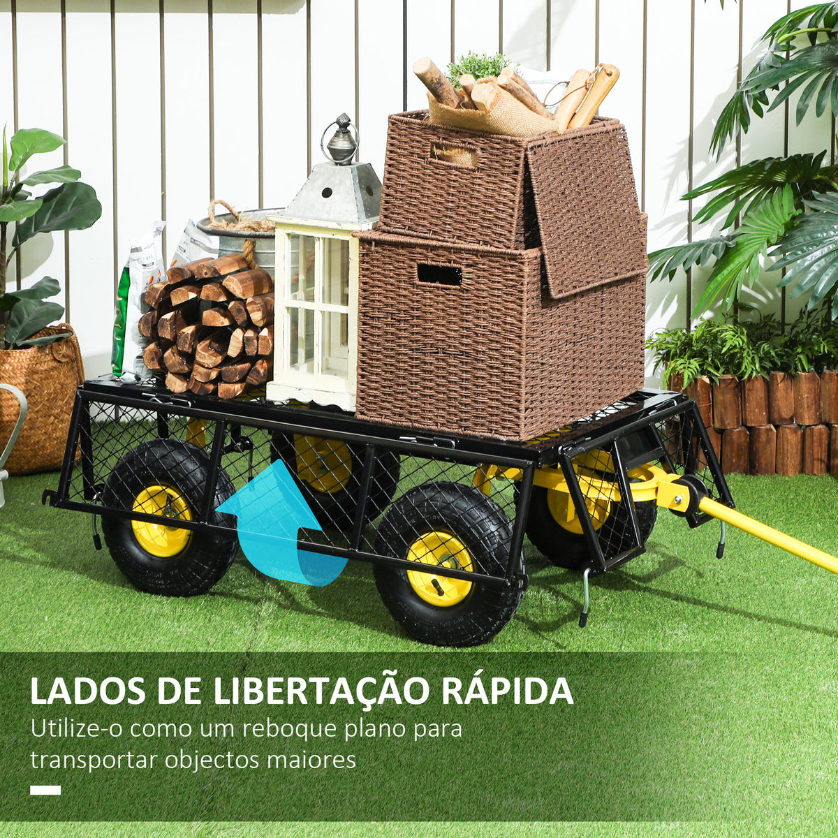 Carrinho de Jardim Carga 200 kg Carrinho de Praia com Paineis Laterais Desmontáveis Guiador Giratório 180° e 4 Rodas Grandes de Borracha Preto e Amarelo — foto 5