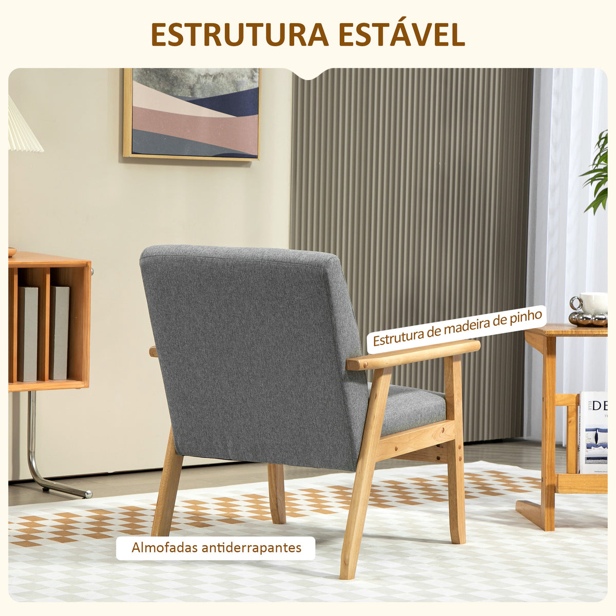 Poltrona Sala de Estar Estofada em Linho Poltrona com Apoio para os Braços e Estrutura de Madeira de Borracha Poltrona para Dormitório Sala de Estar Carga 130 kg 64x75x76 cm Cinza Claro — foto 5