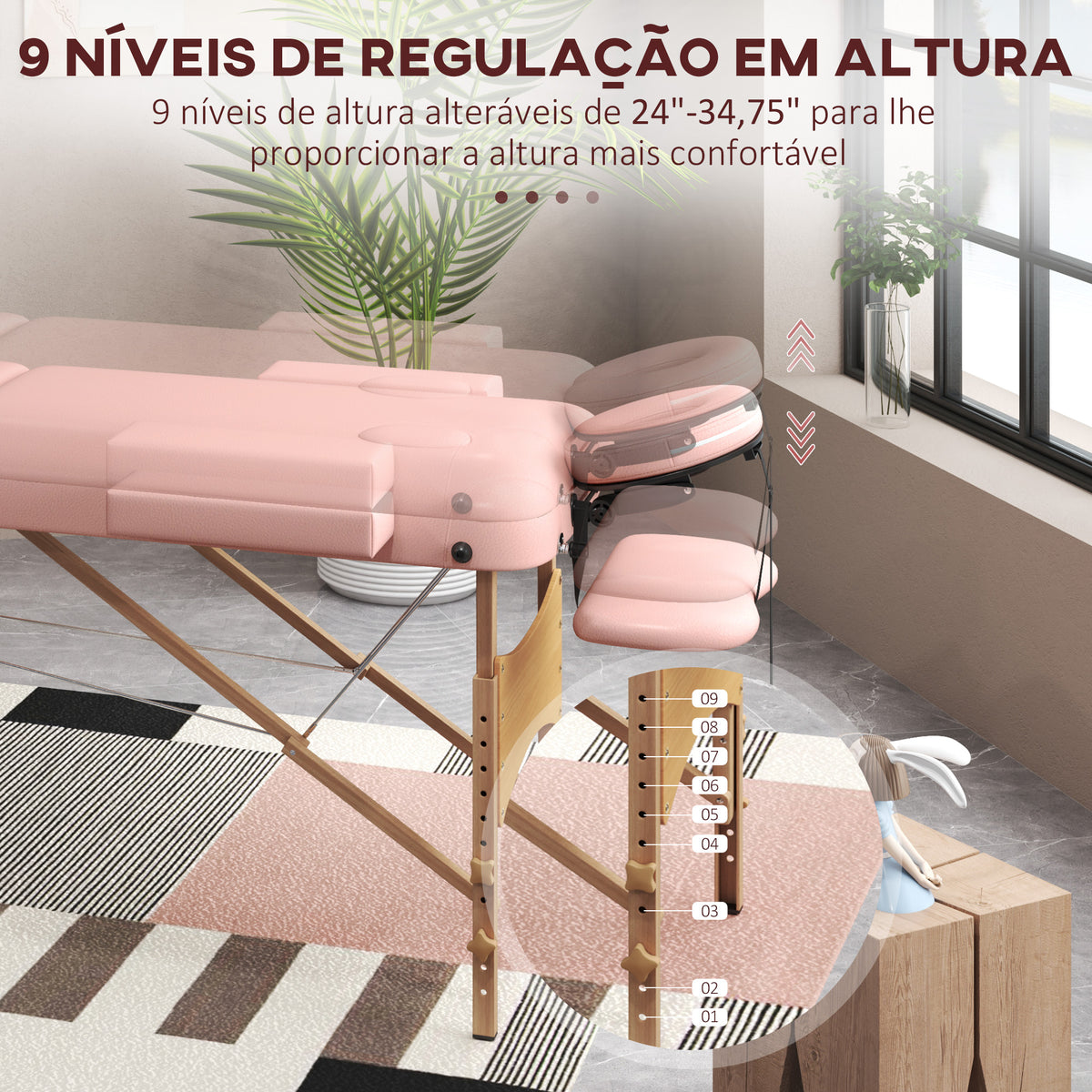 Marquesa de Massagem Dobrável Marquesa com Altura Ajustável 64-88 cm Desenho Ergonómico para Utilização Profissional Fácil de Transportar 185x60 cm Rosa — foto 4
