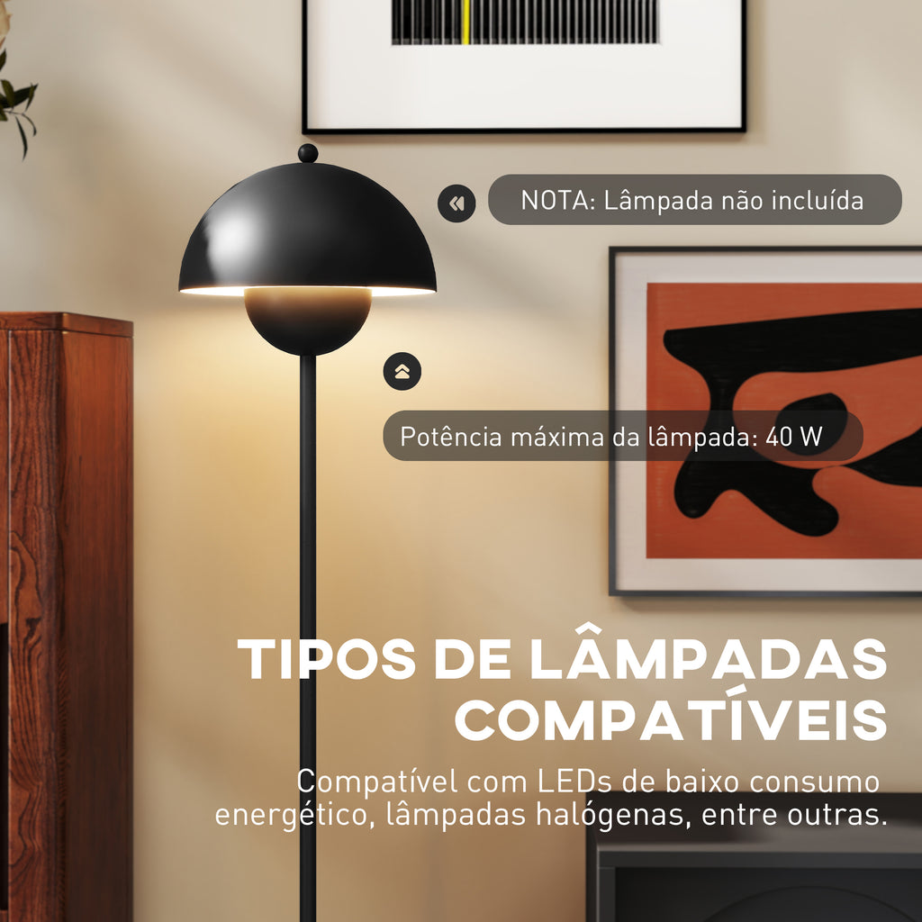 Candeeiro de Pé Moderno 155 cm Candeeiro de Pé para Sala com Ecrã em Forma de Taça Refletora de Luz Interruptor de Pé Suporte E27 sem Lâmpada para Quarto Escritório Sala de Estar Ø35x155 cm Preto — foto 7