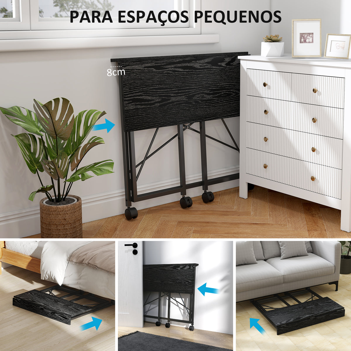 Secretária Dobrável com Rodas Mesa de Secretária Compacta Mesa para Computador Portátil para Casa Escritório Espaços Pequenos 80x40x75 cm Preto — foto 4