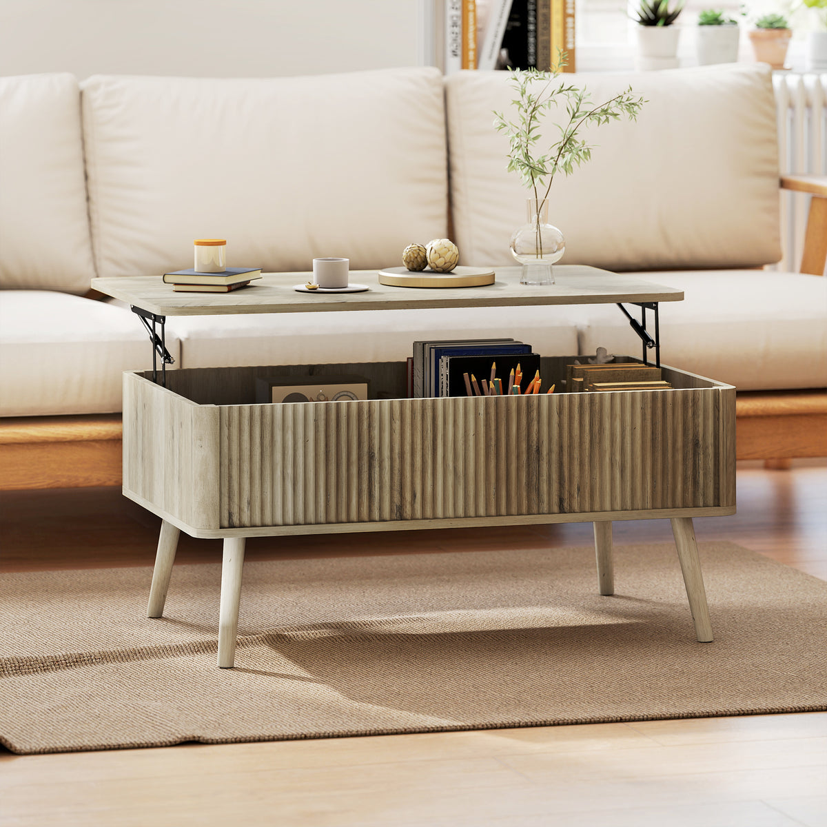 Mesa de Centro Elevatória Mesa de Café para Sala de Estar com Compartimentos Ocultos de Armazenamento e Pés de Pinho 91x56-80,5x43-57,5 cm Carvalho — foto 2
