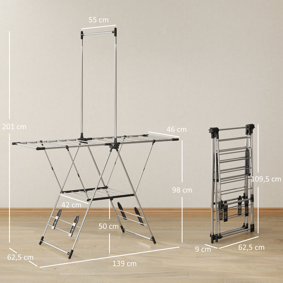 Estendal Vertical Dobrável Estendal de Roupa com Laterais Ajustáveis em 5 Níveis 4 Suportes para Calçado Barra e Prateleira Estrutura em Aço Inoxidável para Interior e Exterior 139x62,5x201 cm — foto 3