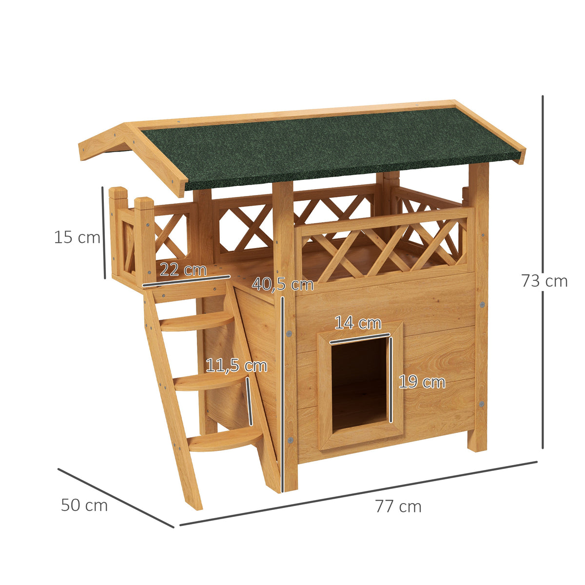 Casa para Gatos de Madeira 77x50x73 cm Casa para Gatos com 2 Níveis com Teto Asfáltico Terraço Cercado Caverna e Escada para Interior e Exterior Madeira — foto 3