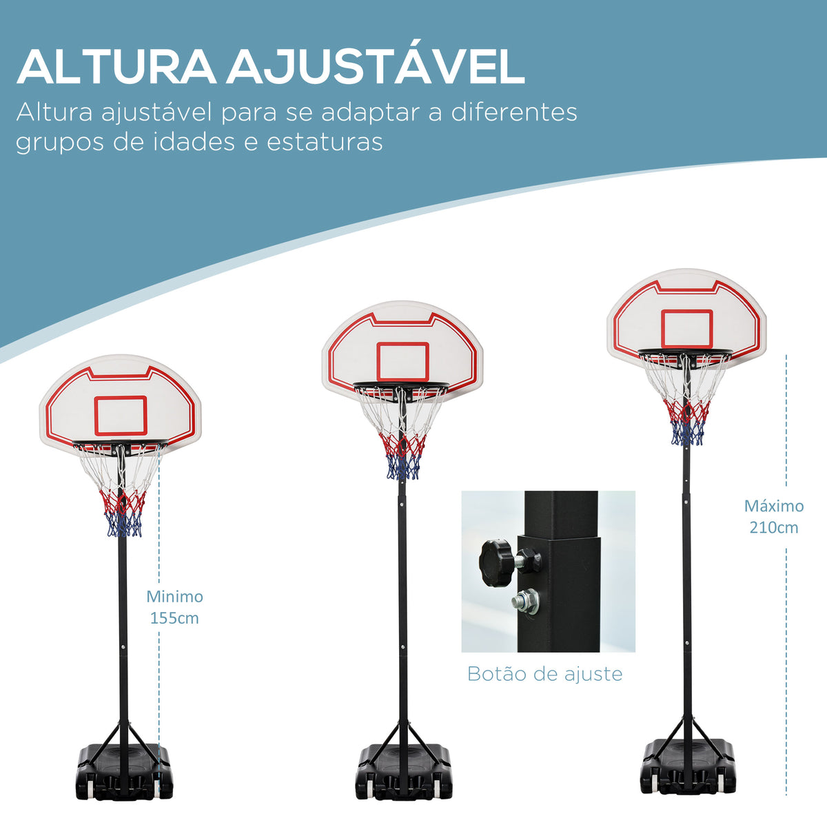 Cesto de Basquetebol com Altura Ajustável de 155-210 cm Cesto Portátil com Rodas de Transporte e Base Recheável com Água 30 kg ou Areia 35 kg para Crianças e Adultos Interior Exterior Multicolor — foto 4