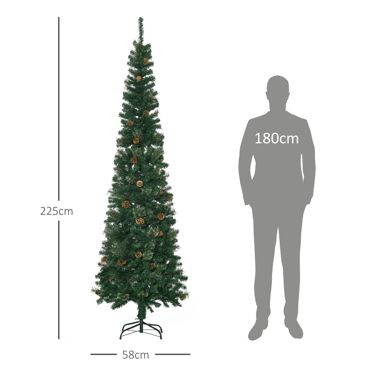 Árvore de Natal Artificial 225 cm Árvore de Natal com 706 Ramos Árvore de Natal Estreita Slim com 56 Pinhas Base Dobrável Ø58x225 cm Verde — foto 3